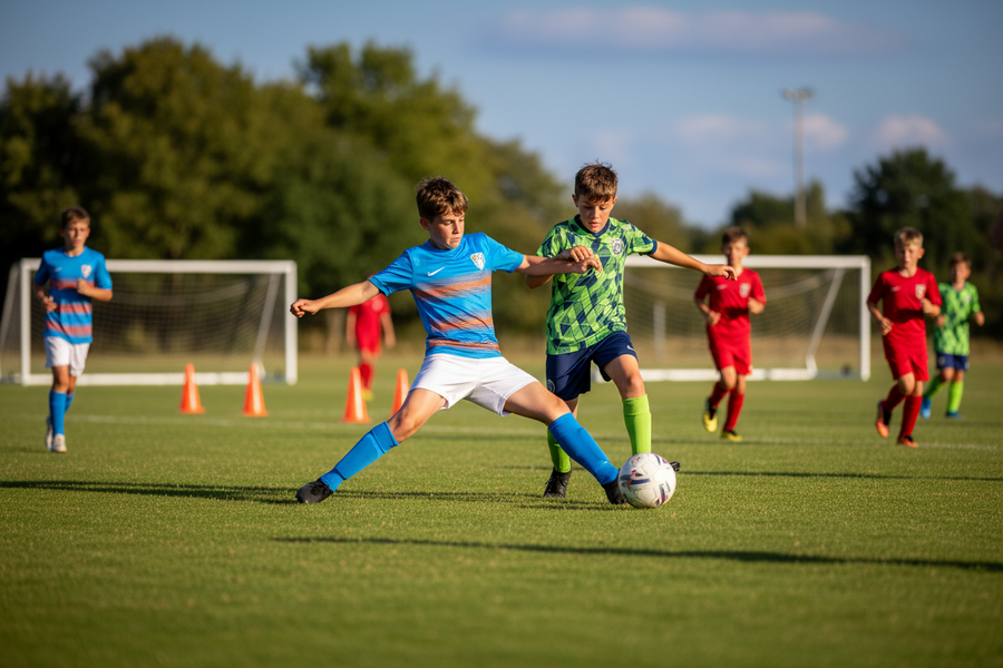 School-age footballers training in matching kit on a pitch