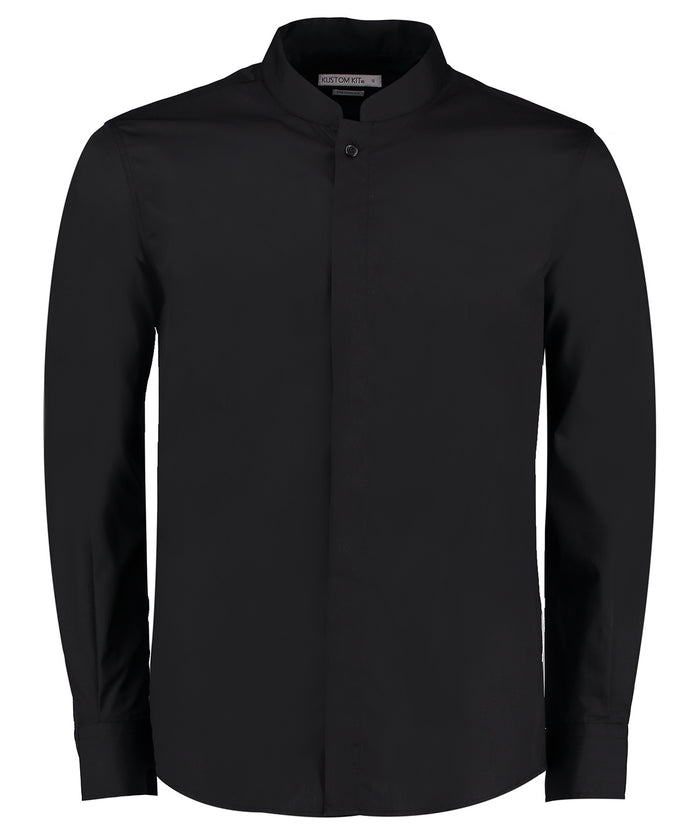 Kustom Kit Mandarin Collar Shirt Long-sleeved (tailored Fit) - Black