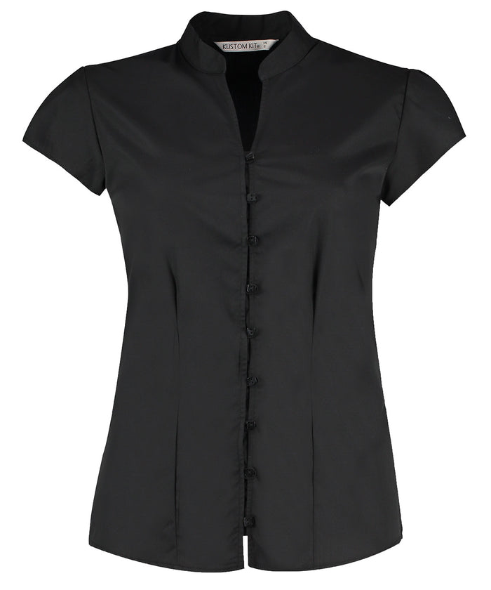 Kustom Kit Women's Continental Blouse Mandarin Collar Cap Sleeve (tailored Fit) - Black