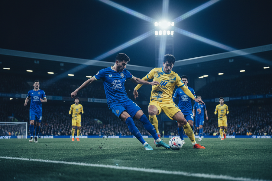 Two footballers competing for the ball under floodlights in personalised team kit
