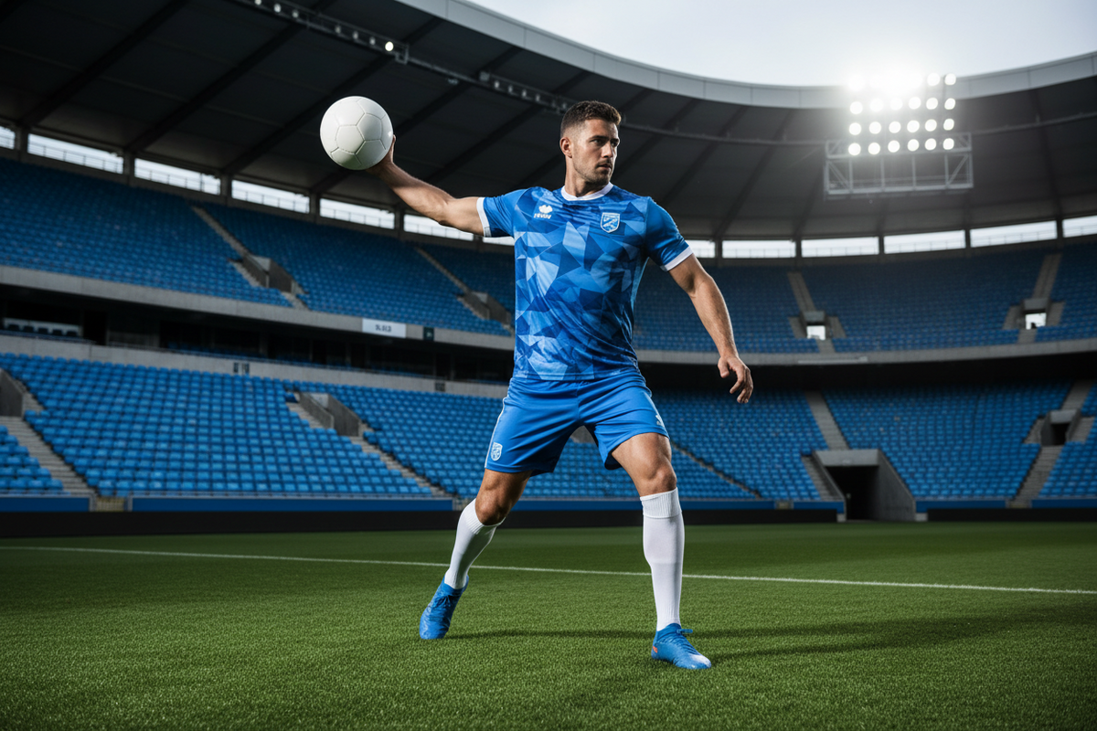 Footballer in a blue printed football kit holding a ball in an empty stadium