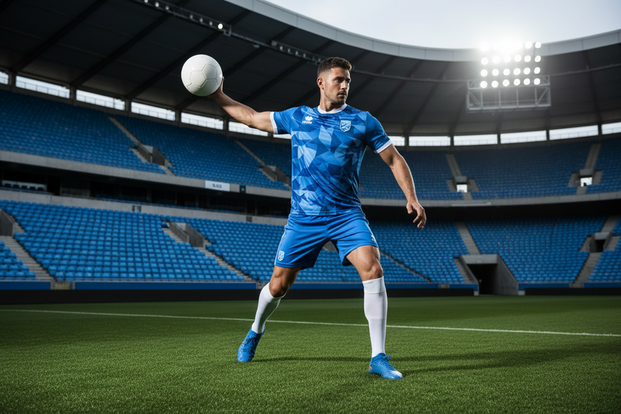 Footballer in a blue printed football kit holding a ball in an empty stadium