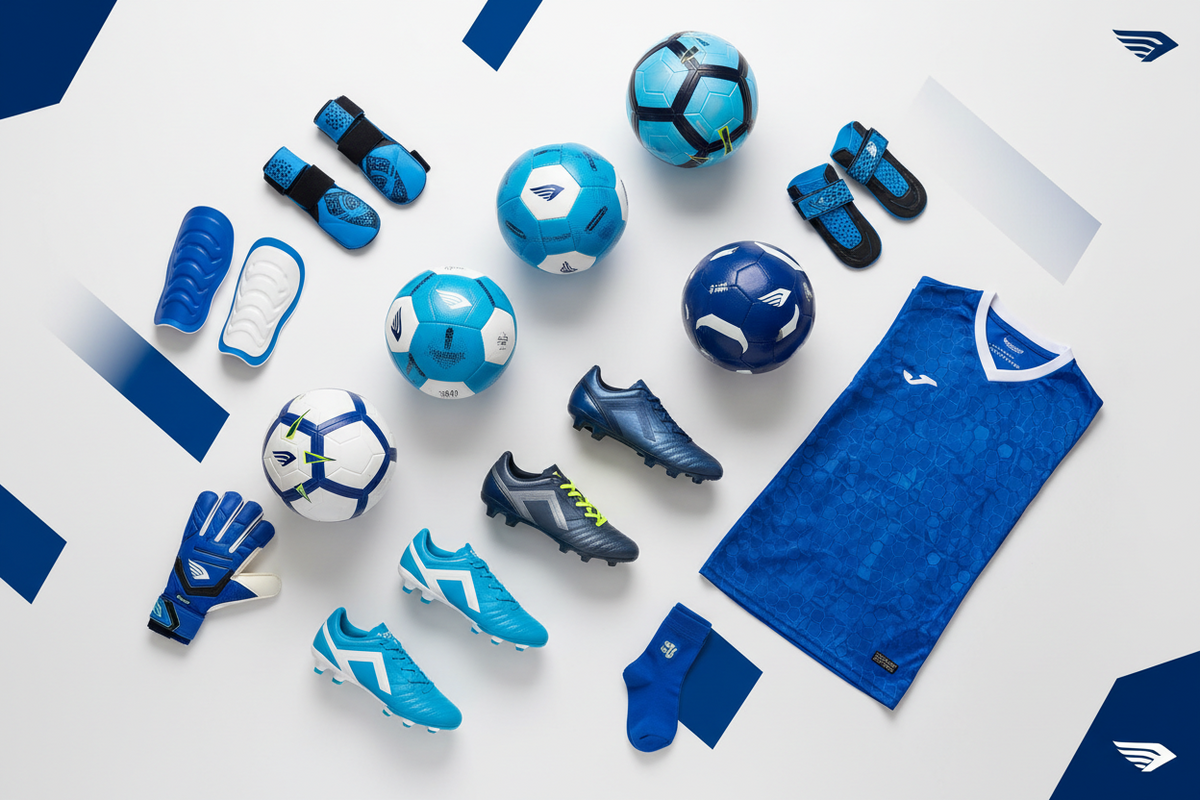 Flat lay of football equipment: balls, boots, shinpads, goalkeeper gloves, socks and a shirt