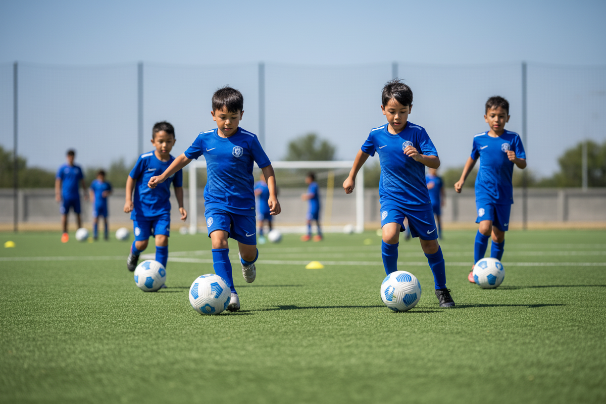 Junior footballers training in matching kit carrying club badges