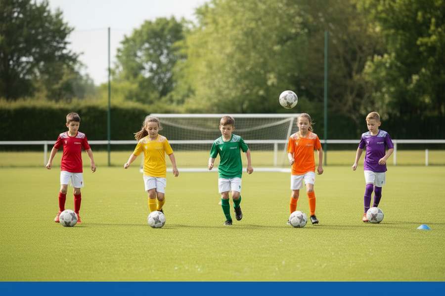 Junior footballers in red, yellow, green, orange and purple training kits on a grass pitch