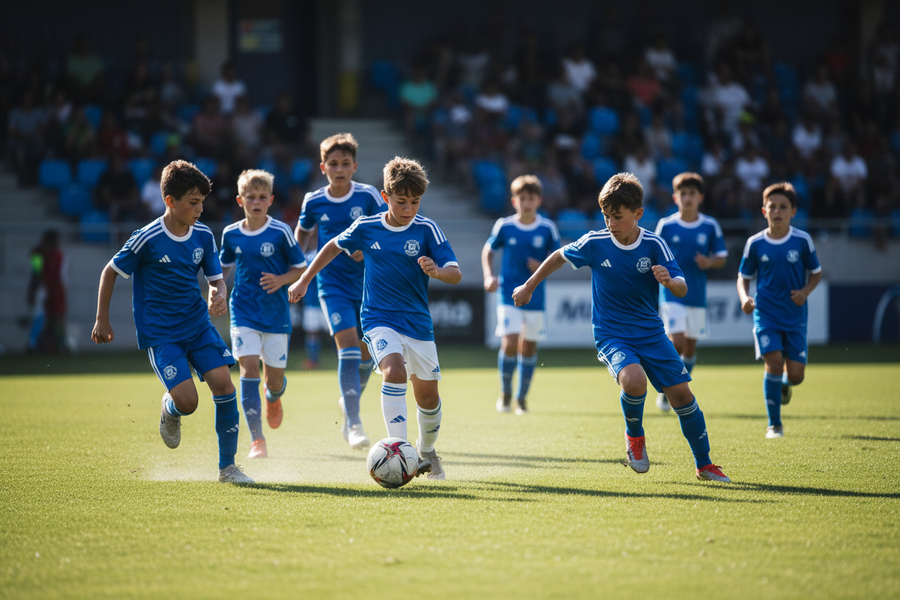 Junior football team playing a match in matching blue club kit