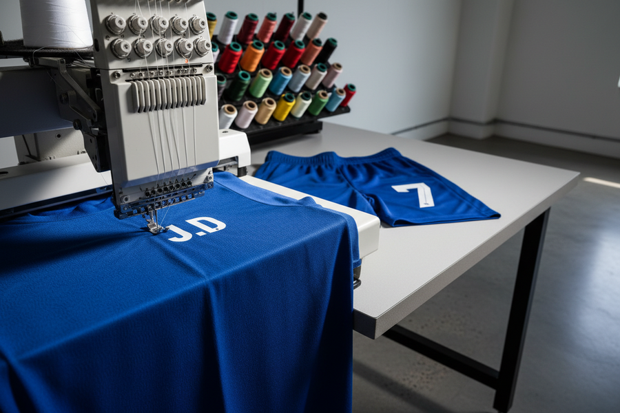 Industrial embroidery machine stitching initials onto a blue football shirt beside racks of coloured thread