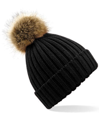 Beechfield Fur Pop Pom Chunky Beanie - Black