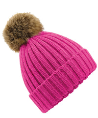 Beechfield Fur Pop Pom Chunky Beanie - Fuchsia