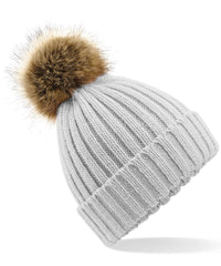 Beechfield Fur Pop Pom Chunky Beanie - Light Grey