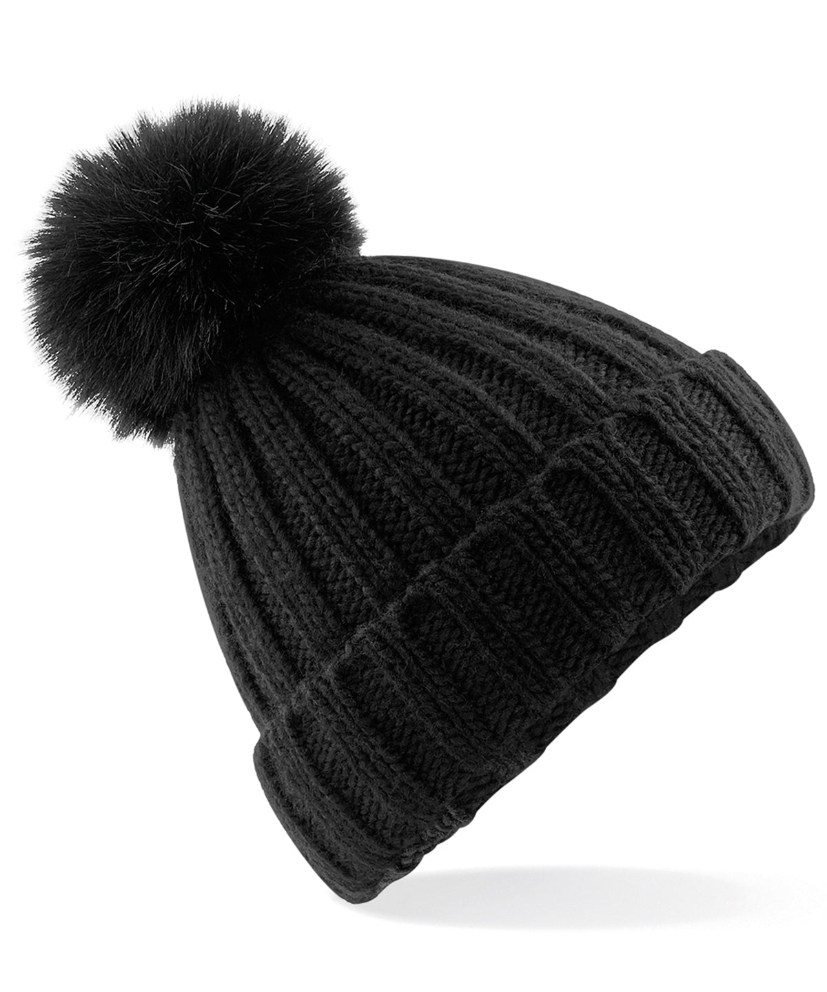 Beechfield Verbier Fur Pop Pom Chunky Beanie - Black