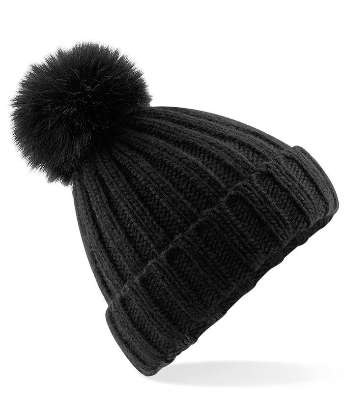 Beechfield Verbier Fur Pop Pom Chunky Beanie - Black