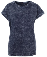 Build Your Brand Women's Acid Washed Extended Shoulder Tee - Indigo/White
