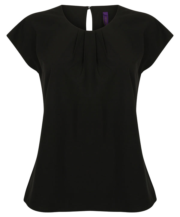 Henbury Women's Pleat Front Short Sleeve Blouse - Black