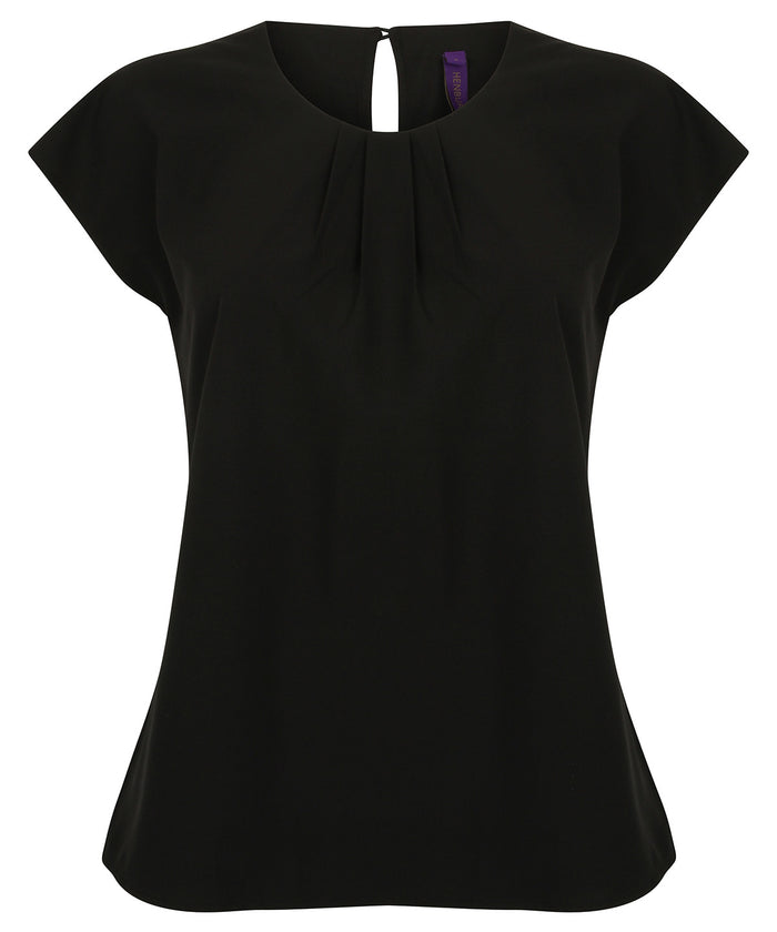 Henbury Women's Pleat Front Short Sleeve Blouse - Black