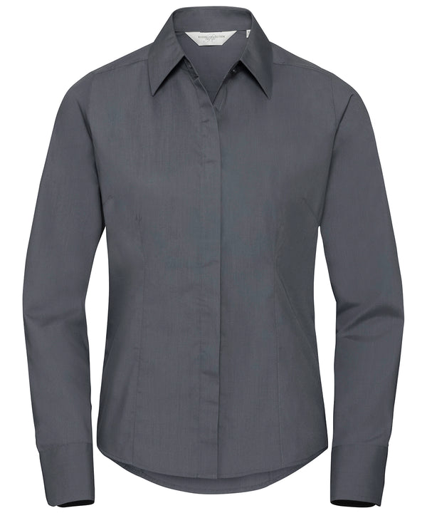 Russell Athletic Women's Long Sleeve Polycotton Easycare Fitted Poplin Shirt - Convoy Grey