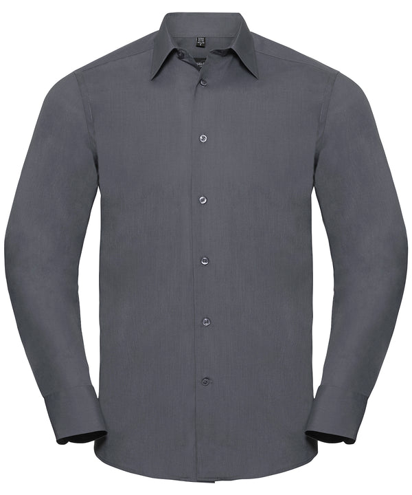 Russell Athletic Long Sleeve Polycotton Easycare Fitted Poplin Shirt - Convoy Grey