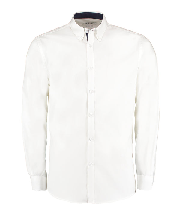 Kustom Kit Contrast Premium Oxford Shirt (button-down Collar) Long-sleeved (tailored Fit) - White/Navy