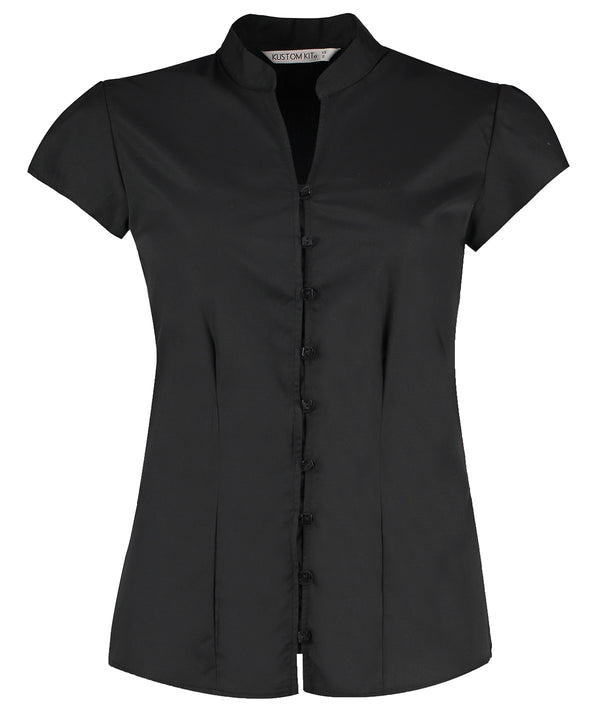 Kustom Kit Women's Continental Blouse Mandarin Collar Cap Sleeve (tailored Fit) - Black