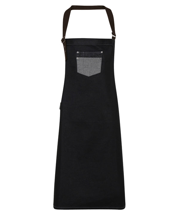 Premier Division Waxed-look Denim Bib Apron with Faux Leather - Black Denim
