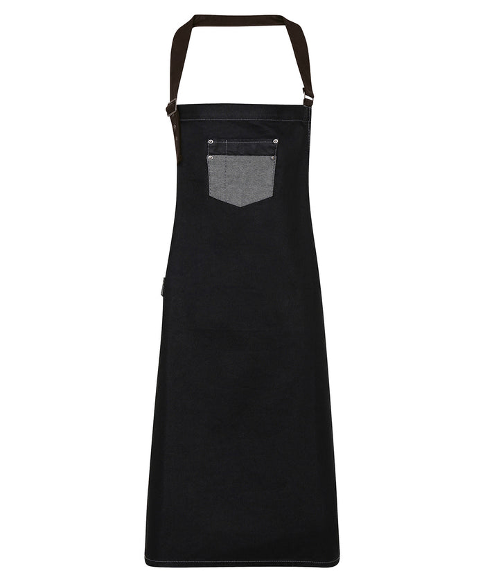 Premier Division Waxed-look Denim Bib Apron with Faux Leather - Black Denim
