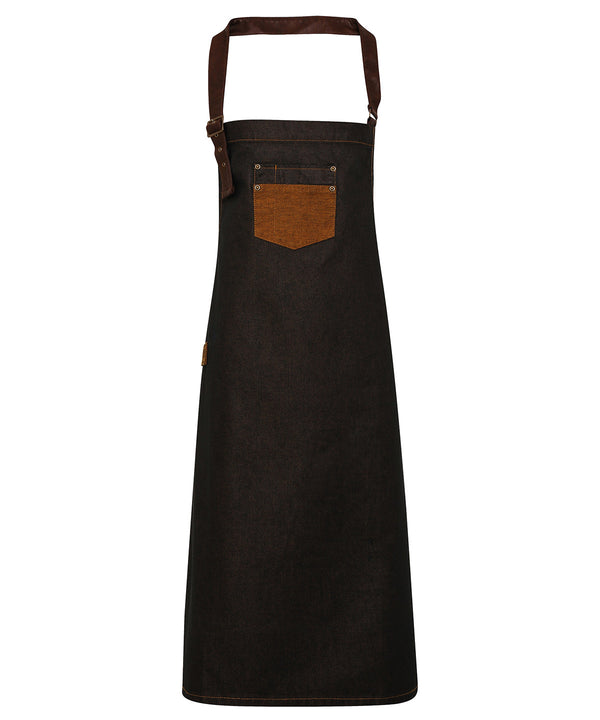 Premier Division Waxed-look Denim Bib Apron with Faux Leather - Black/Tan Denim
