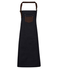Premier Division Waxed-look Denim Bib Apron with Faux Leather - Indigo/Brown Denim
