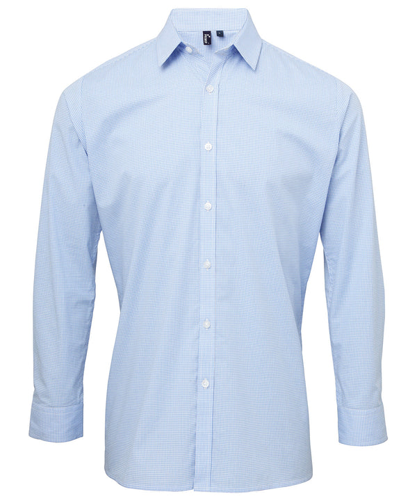 Premier Microcheck (Gingham) Long Sleeve Cotton Shirt - Light Blue/White