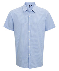 Premier Microcheck (Gingham) Short Sleeve Cotton Shirt - Light Blue/White