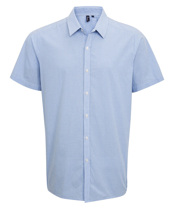 Premier Microcheck (Gingham) Short Sleeve Cotton Shirt - Light Blue/White