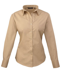 Premier Women's Poplin Long Sleeve Blouse - Khaki