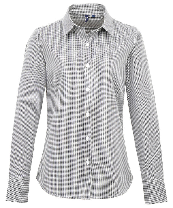 Premier Women's Microcheck (Gingham) Long Sleeve Cotton Shirt - Black/White