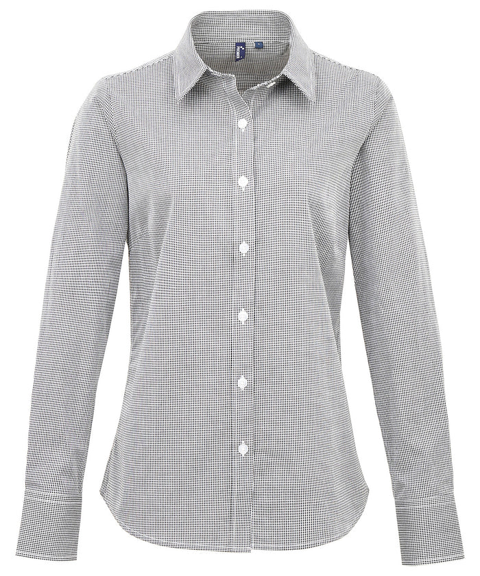 Premier Women's Microcheck (Gingham) Long Sleeve Cotton Shirt - Black/White