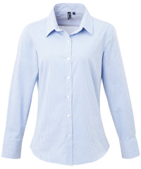 Premier Women's Microcheck (Gingham) Long Sleeve Cotton Shirt - Light Blue/White