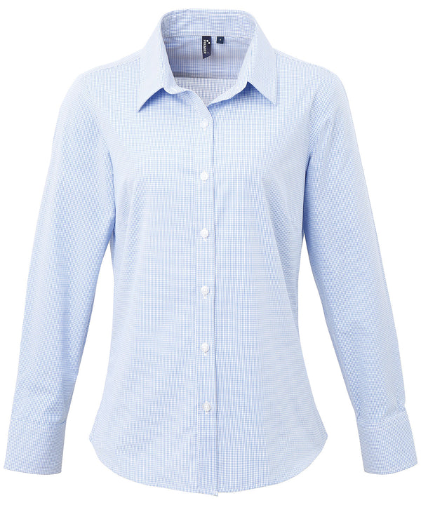 Premier Women's Microcheck (Gingham) Long Sleeve Cotton Shirt - Light Blue/White