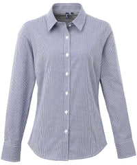 Premier Women's Microcheck (Gingham) Long Sleeve Cotton Shirt - Navy/White