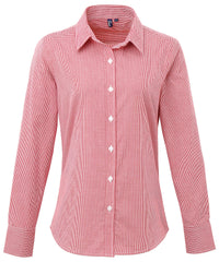 Premier Women's Microcheck (Gingham) Long Sleeve Cotton Shirt - Red/White