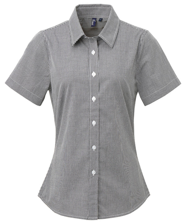 Premier Women's Microcheck (Gingham) Short Sleeve Cotton Shirt - Black/White