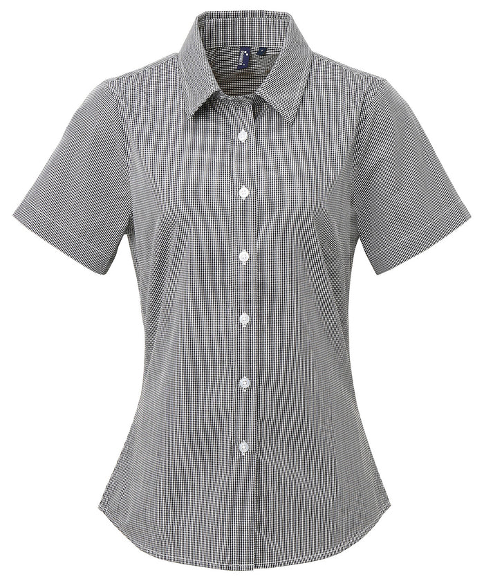 Premier Women's Microcheck (Gingham) Short Sleeve Cotton Shirt - Black/White