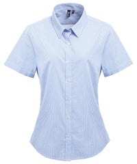 Premier Women's Microcheck (Gingham) Short Sleeve Cotton Shirt - Light Blue/White