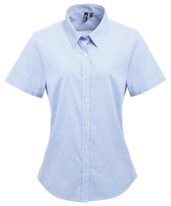 Premier Women's Microcheck (Gingham) Short Sleeve Cotton Shirt - Light Blue/White