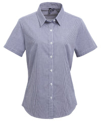 Premier Women's Microcheck (Gingham) Short Sleeve Cotton Shirt - Navy/White