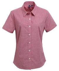Premier Women's Microcheck (Gingham) Short Sleeve Cotton Shirt - Red/White