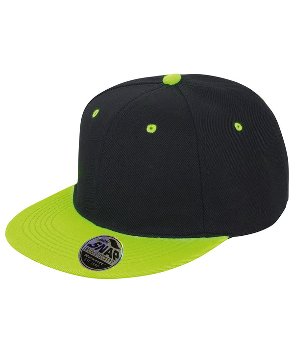 Resultheadwear Bronx Original Flat Peak Snapback Dual Colour Cap - Black/Lime