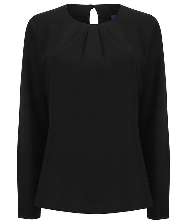 Henbury Women's Pleat Front Long Sleeve Blouse - Black
