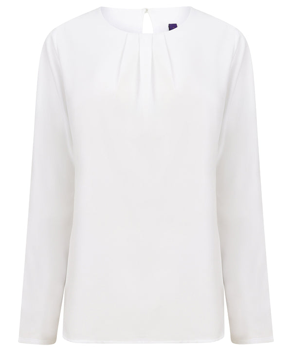 Henbury Women's Pleat Front Long Sleeve Blouse - White