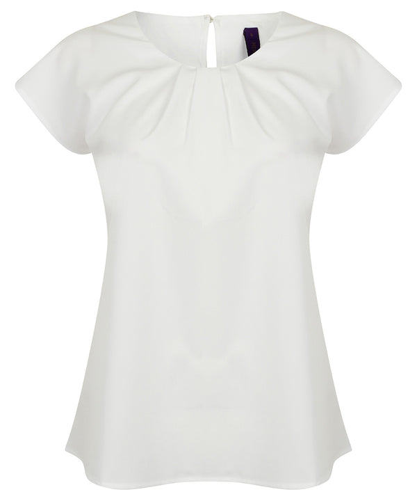 Henbury Women's Pleat Front Short Sleeve Blouse - White