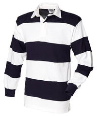 Front Row Sewn Stripe Long Sleeve Rugby Shirt - White & Navy (White collar)