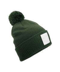 Beechfield Appliqué Patch Pom Beanie - Olive Green/White