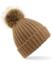Beechfield Fur Pop Pom Chunky Beanie - Biscuit